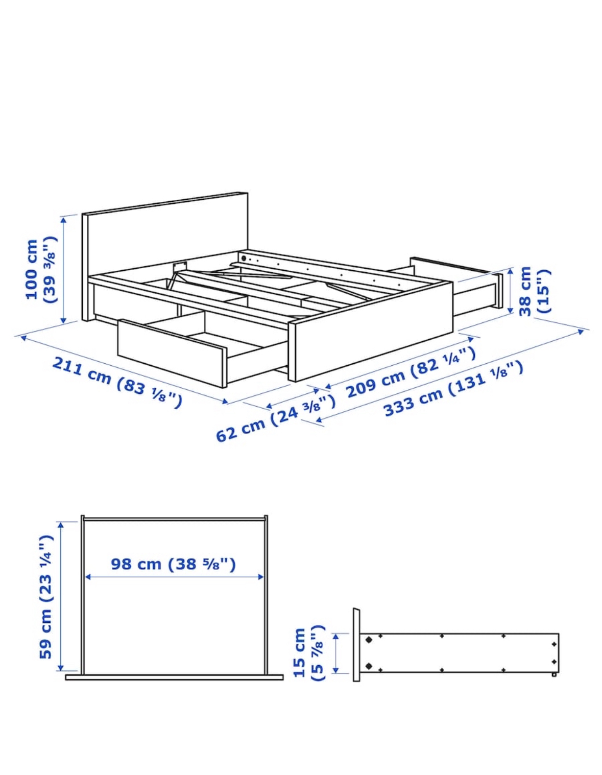 IKEA Malm King Bedframe + 4 Storage Drawers + Luroy Slats