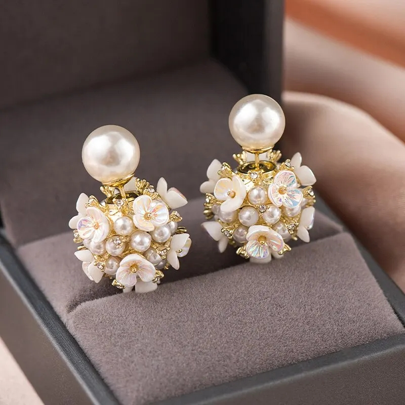 Double sided bunch of hydrangea white flowers pearl earrings thumbnail
