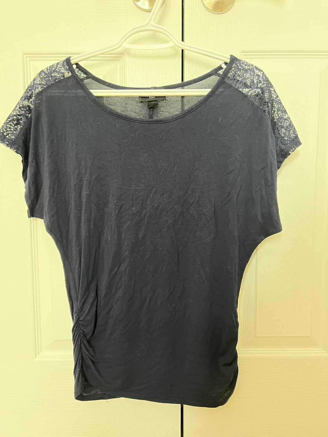 Dark Blue top with lace shoulders thumbnail
