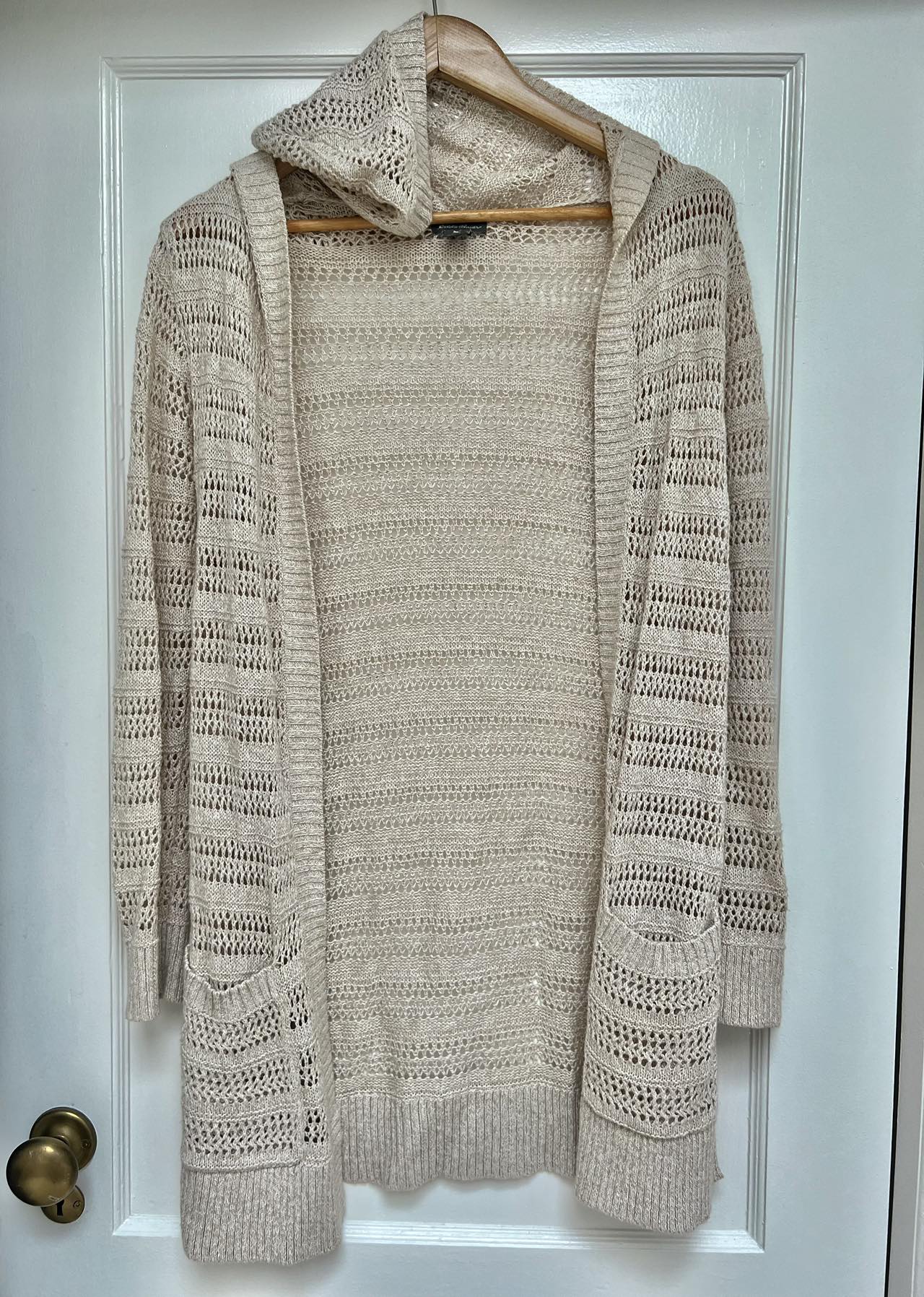 Boho long sleeved linen and cotton knitted cardigan with hood