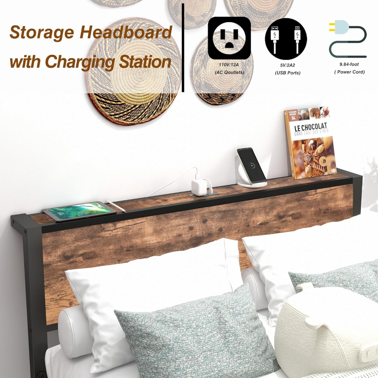 New Queen Bed Frame with Wood Headboard and Charging Station - photo 4