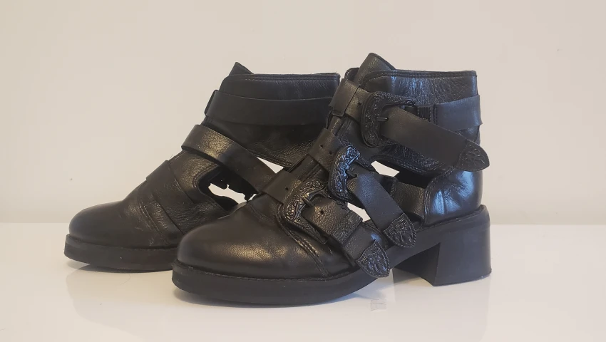 Black Leather Strappy Cutout Booties - Western Punk - Size 7 image indicator(3)