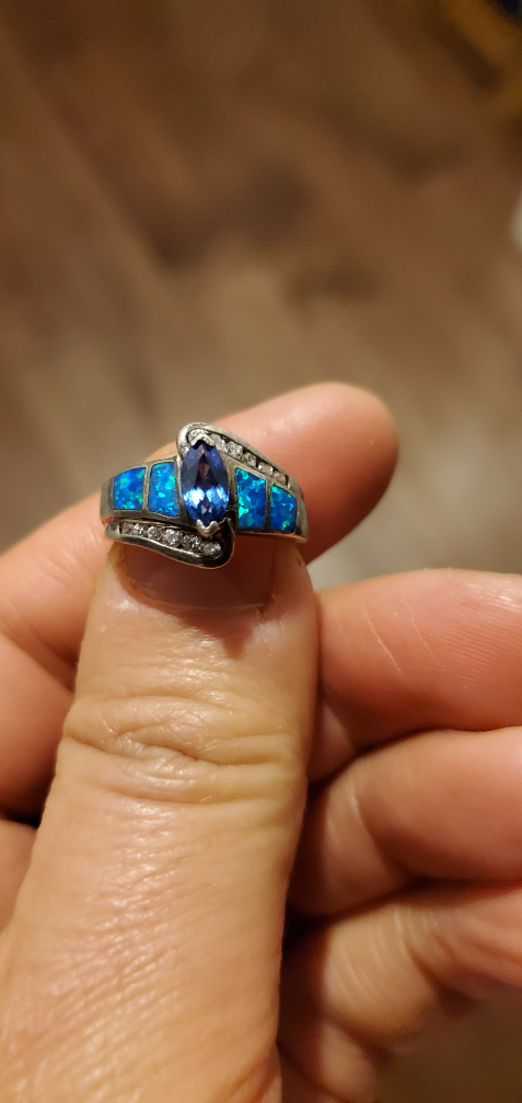 tanzanite, blue fire opal inlay and white topaz  silver ring