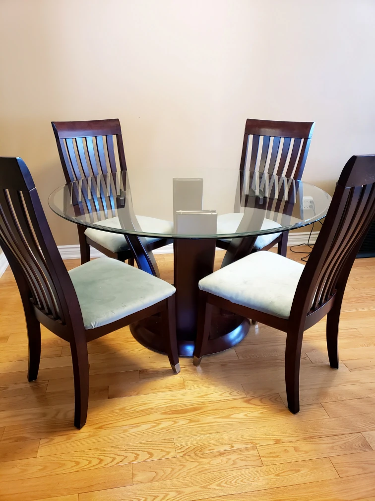 Sold - Round glass amd wood dining table and chairs