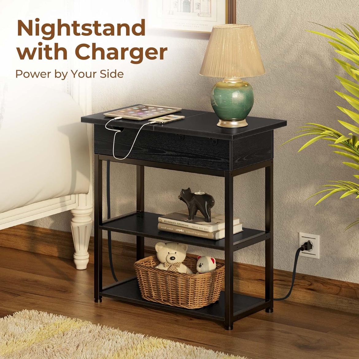 New Flip Top Side Table w/ Shelf, USB Ports & Power Outlets image indicator(5)
