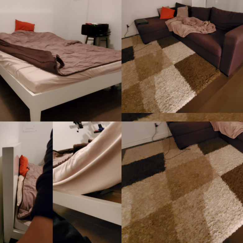 Sofa(2 pcs), queen bed frame, mattress, shag carpet