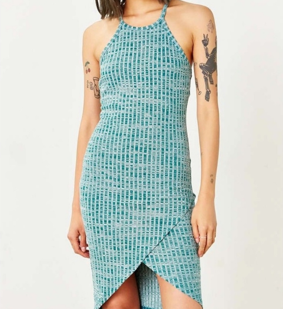 UO Silence + Noise Green Ribbed Fitted Tulip Dress Sz M