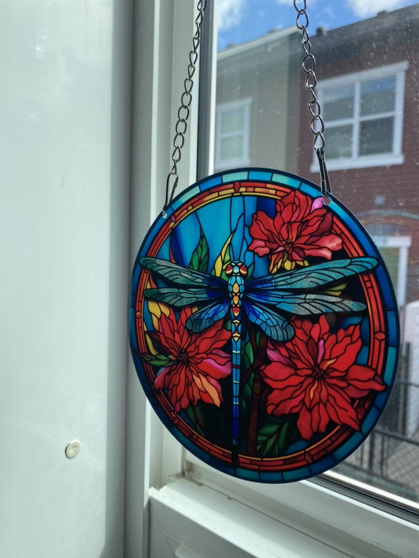 Dragonfly with red flowers Hanging window decor