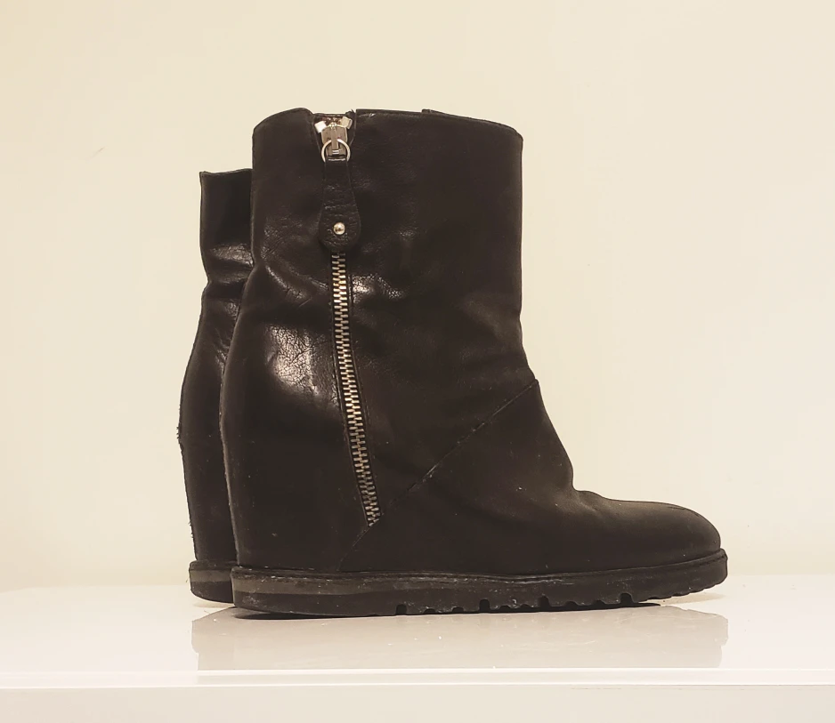 Black Leather Wedge Boots - Hidden Heel