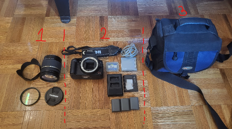 Selling Canon DSLR camera, lens, and bag