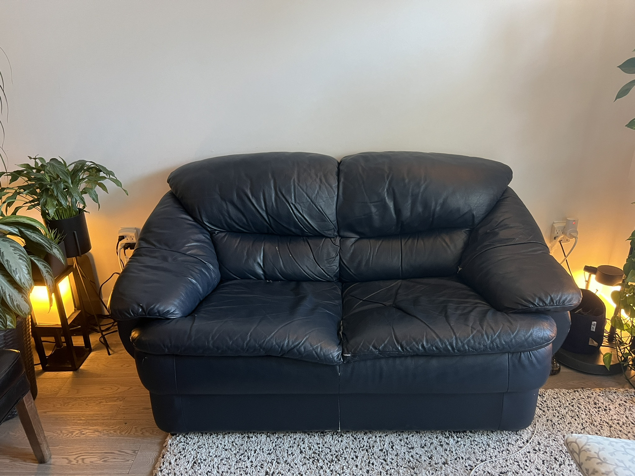 Dark navy leather couch