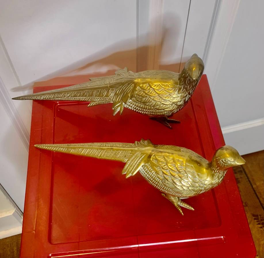 RARE VINTAGE MID CENTURY BRASS PHEASANT SET OF TWO image indicator(2)