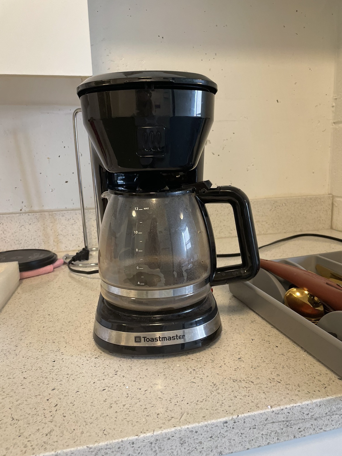 Coffee maker and coffee filters.