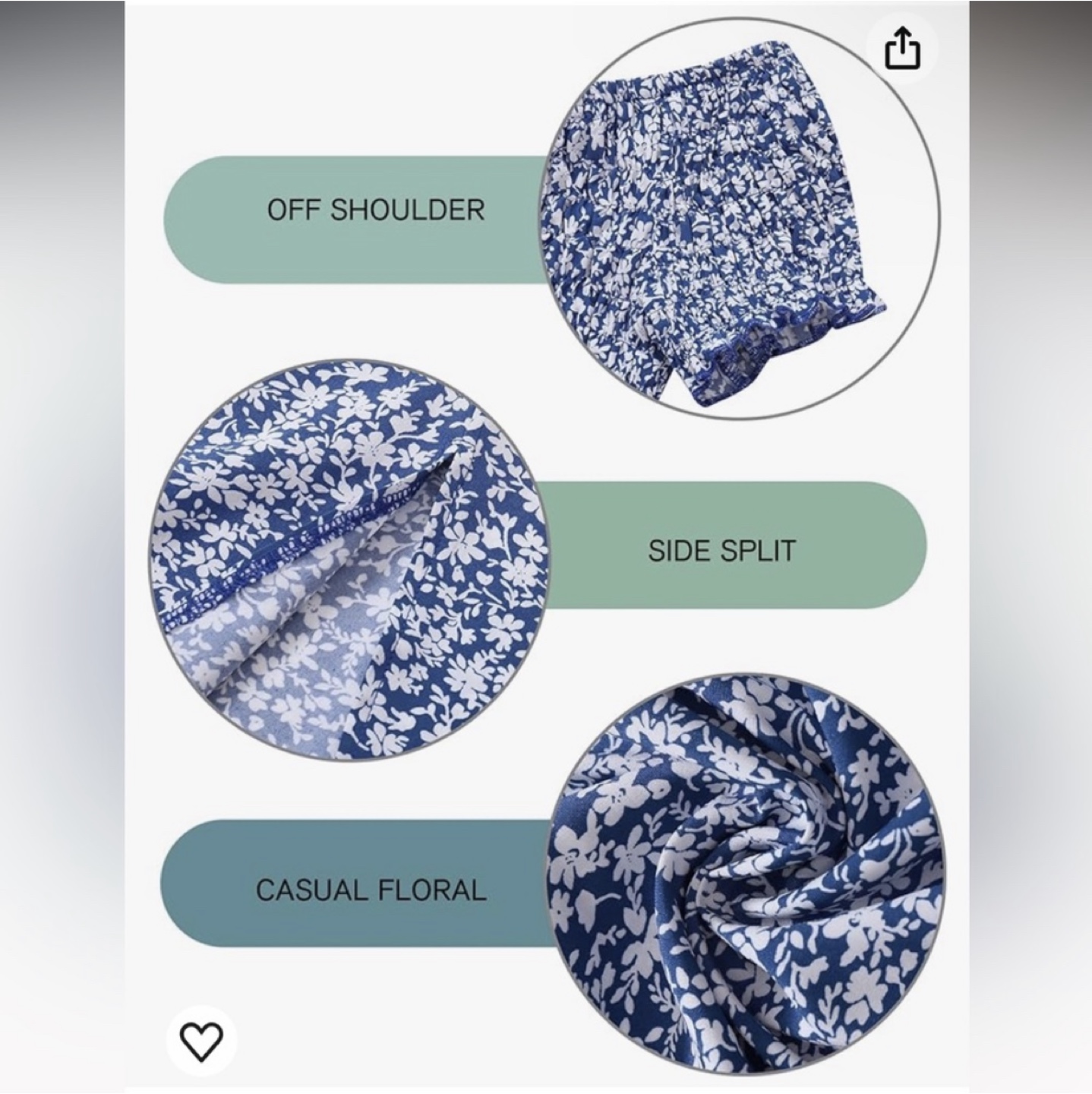 Blue floral off-the-shoulder summer dress image indicator(6)