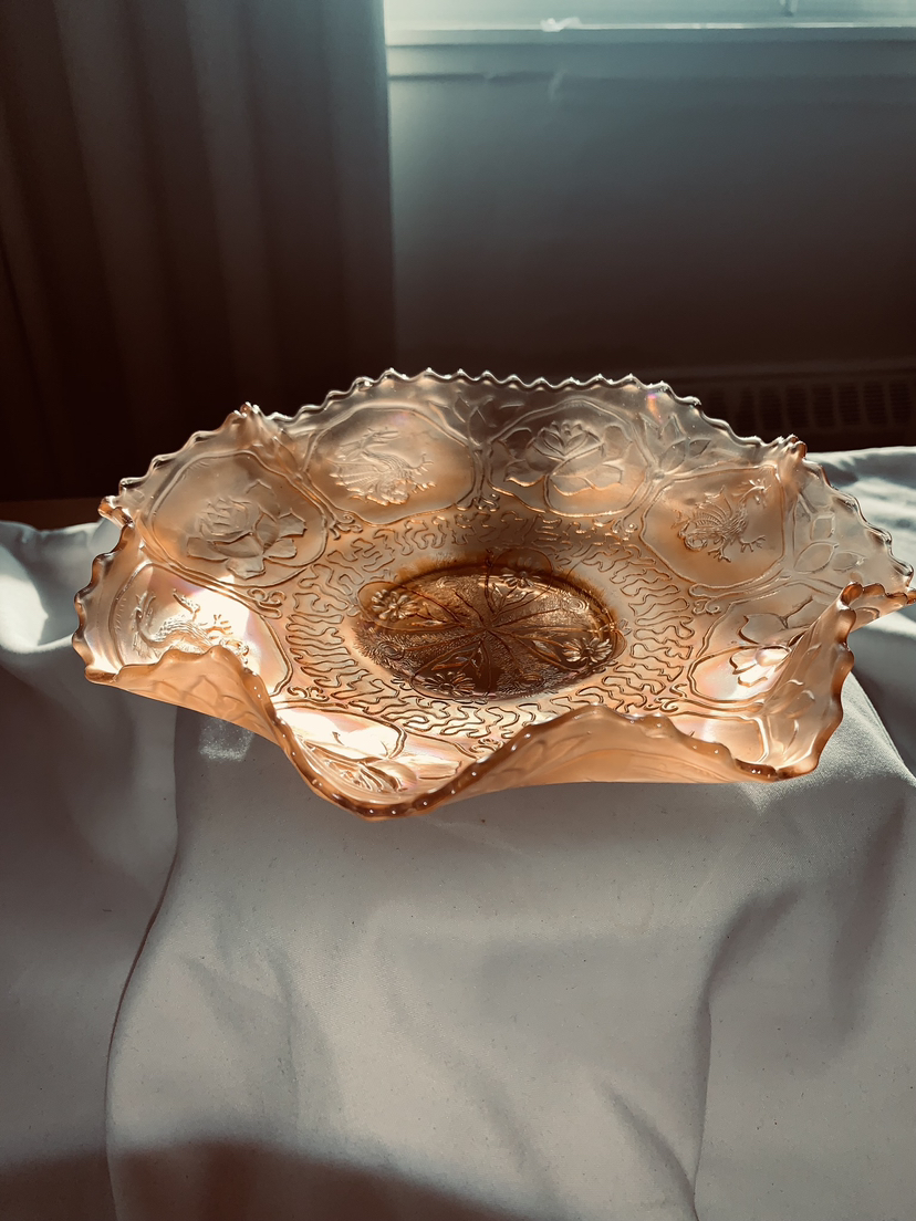Fenton Dragon and Lotus carnival glass bowl sm.