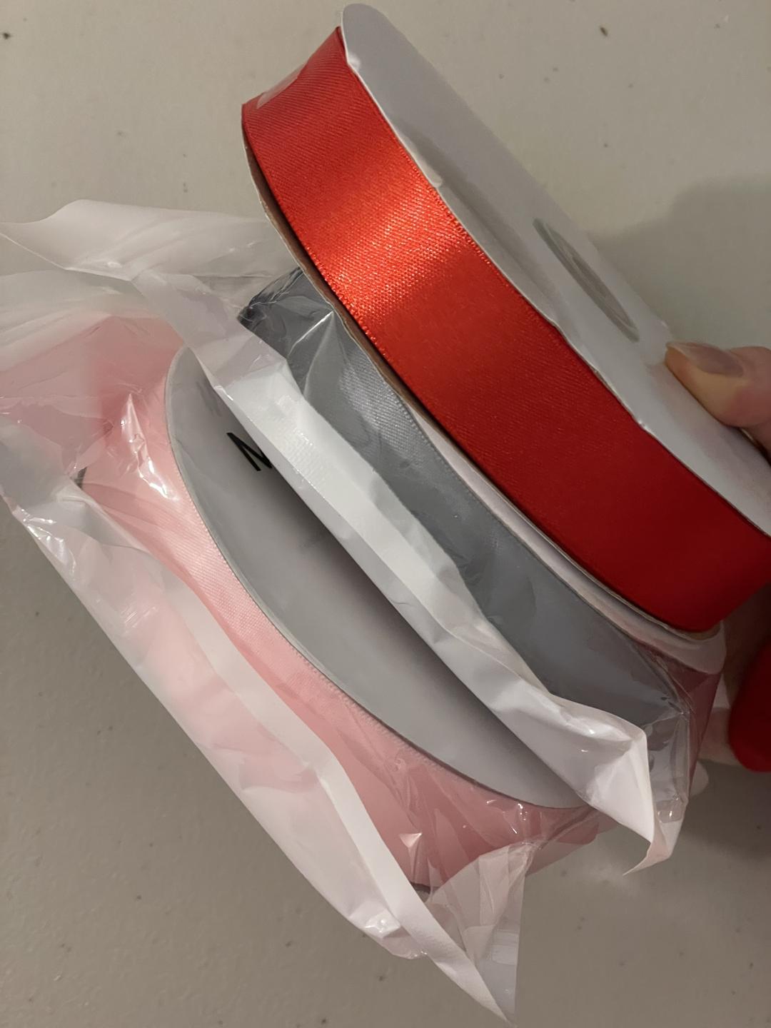 3 rolls of ribbon, grey, red, pink. 50 yards per roll - photo 2