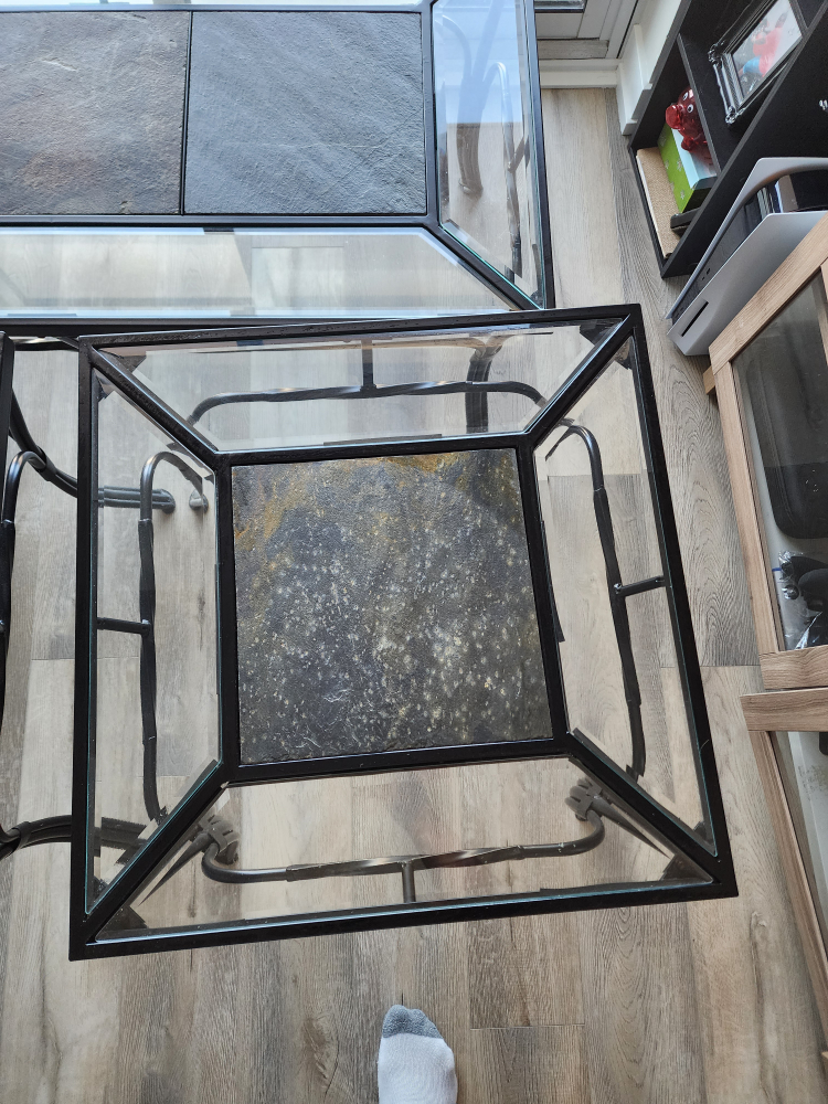 Glass and stone side table. 2 Available.
