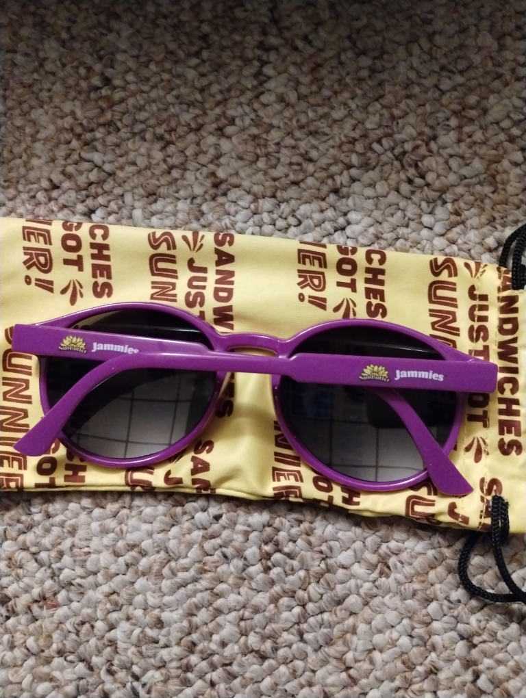 🥕 NEW Jammies Purple Sunglasses w/ Yellow Carrying Pouch image indicator(2)