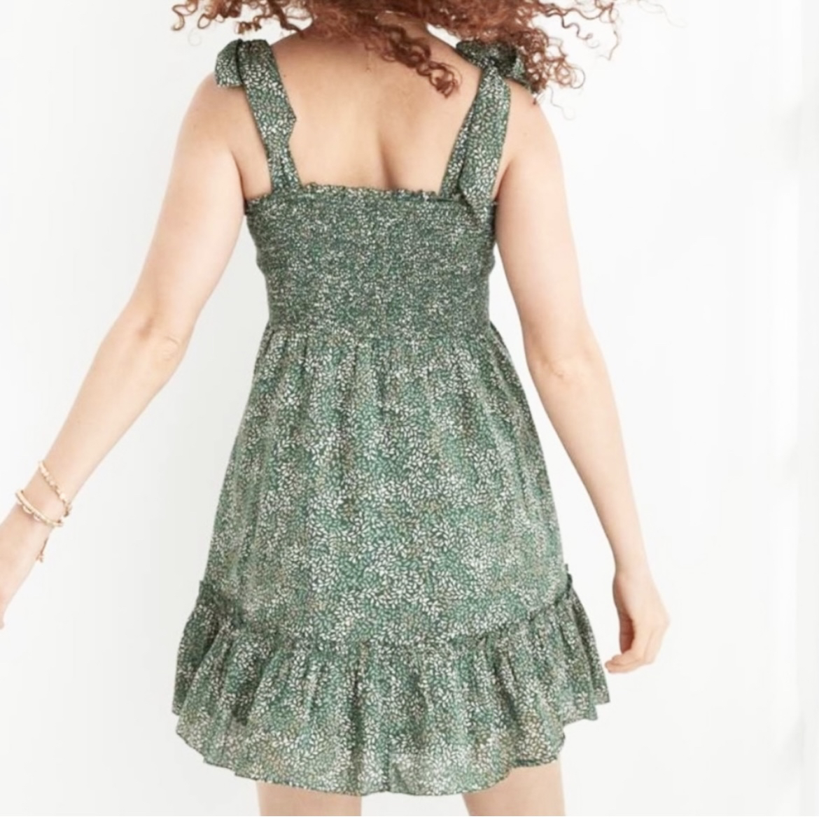 Sz L women Aerie dress green  Floral tie Shoulder Frill dress - photo 2