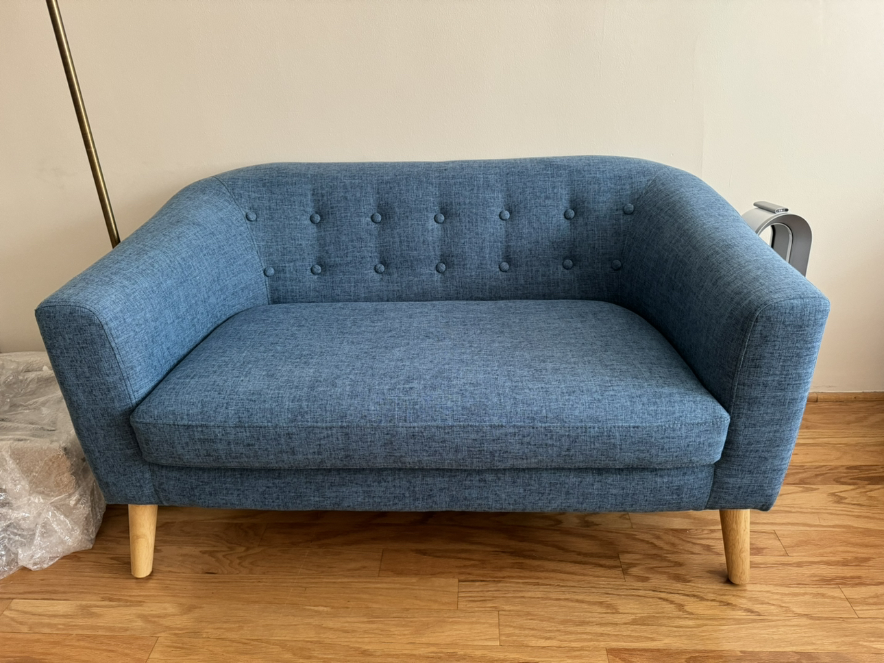 Blue fabric mid-century 2 seater loveseats. thumbnail