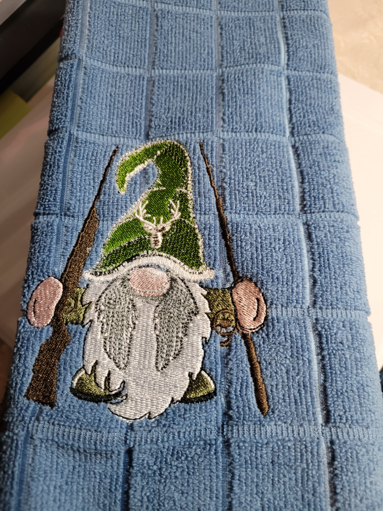 Home-made embroidery tea towel Gnome Gone Hunting thumbnail