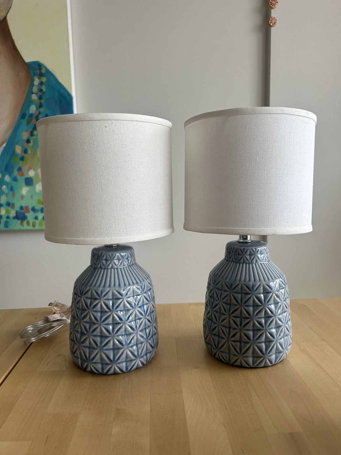 Two matching blue ceramic lamps with lampshades thumbnail