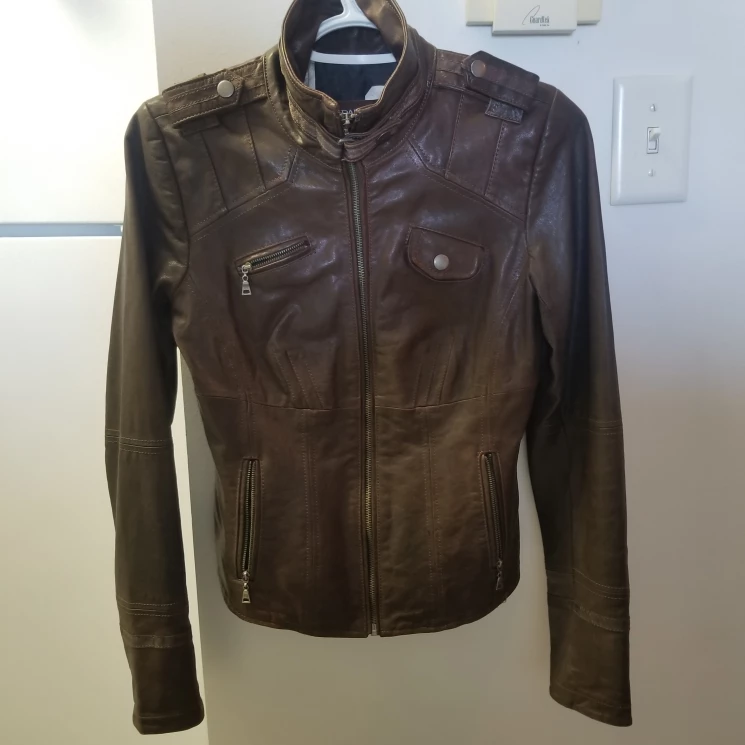 DANIER Genuine Italian Leather Biker Jacket - Dark Brown, 3xs image indicator(2)