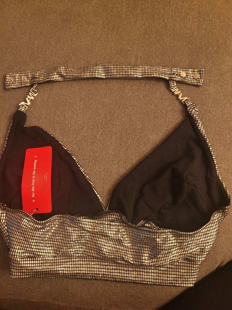 Plunging Neck Backless Crop Metallic Halter Top - photo 4