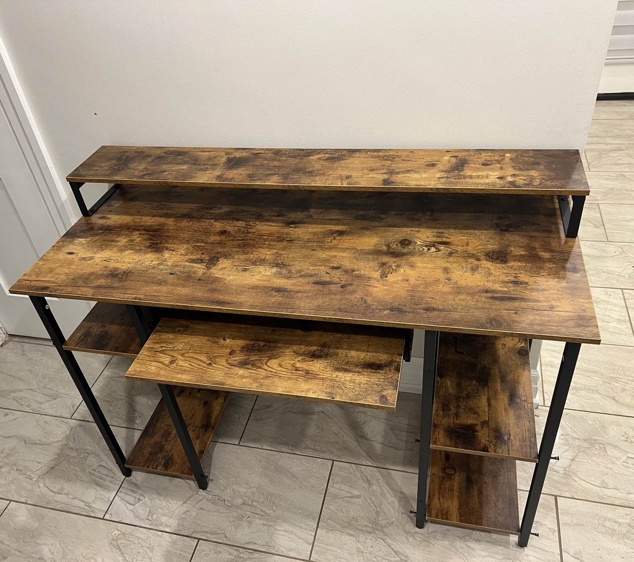 Vintage Brown Desk with Keyboard Trey & Monitor Stand