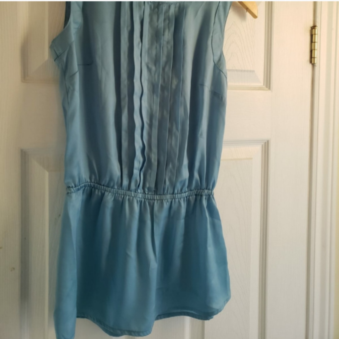 Blue Sleeveless Satin Pleated Blouse image indicator(3)