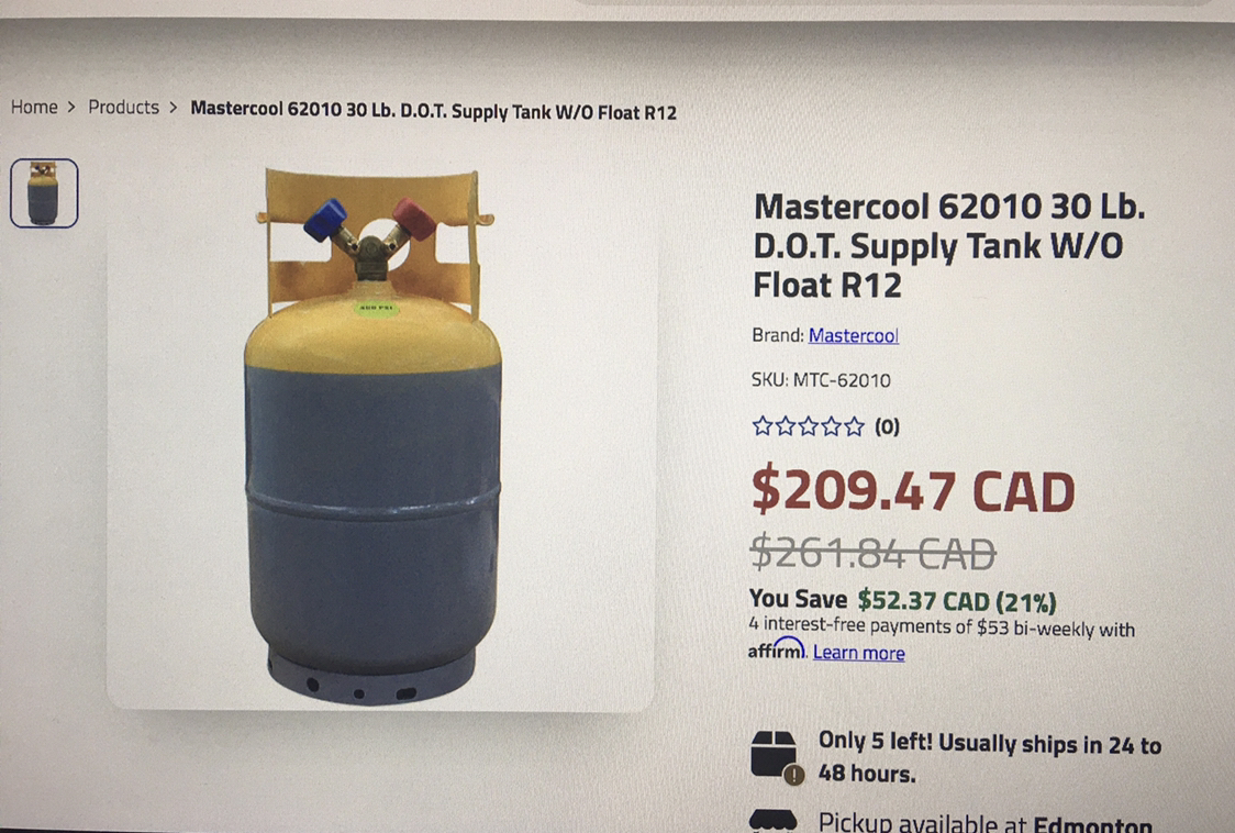 Mastercool 62010 30lb D.O.T Supply tank W/O Float R12 thumbnail