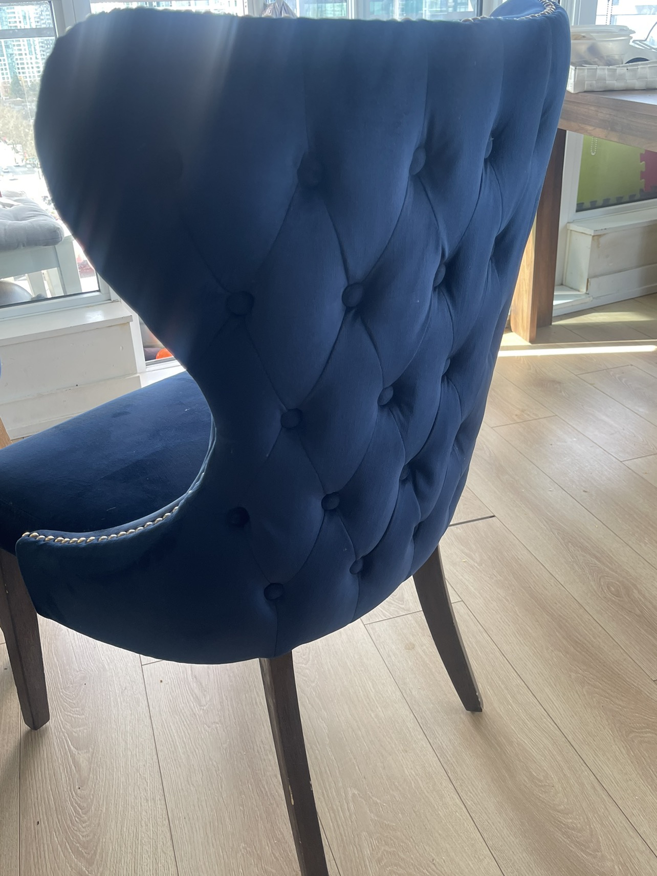 2 accent designed blue dining chairs used like new