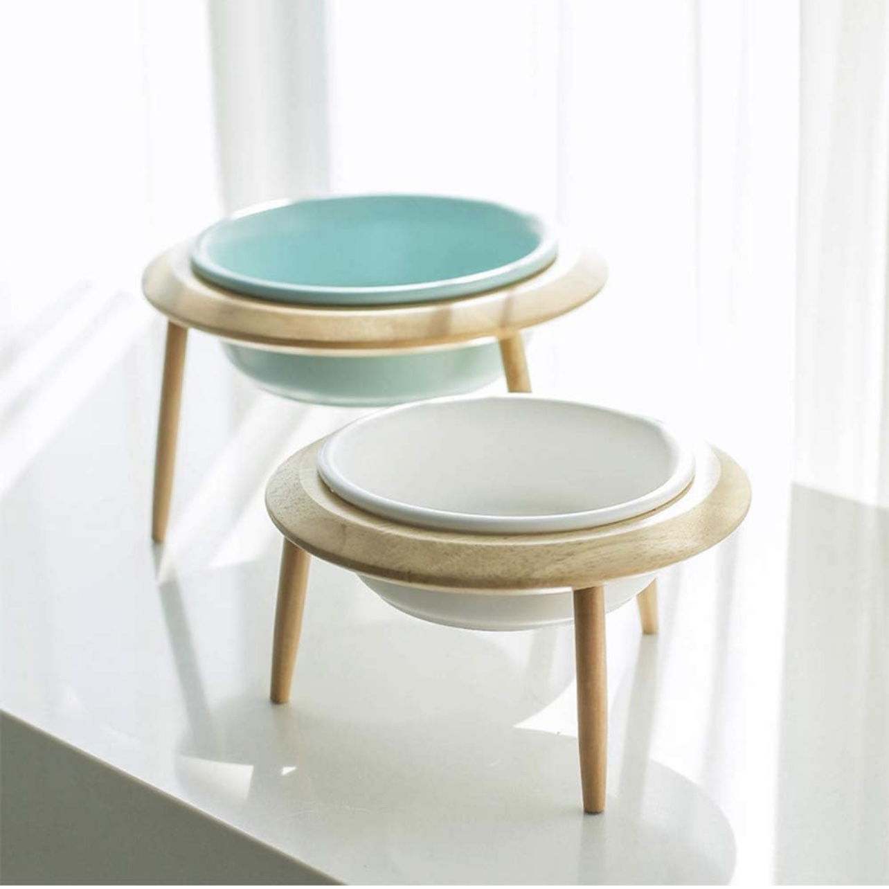 Ceramic Adjustable Elevated Raised Pet Bowl with Wood Stand - photo 5