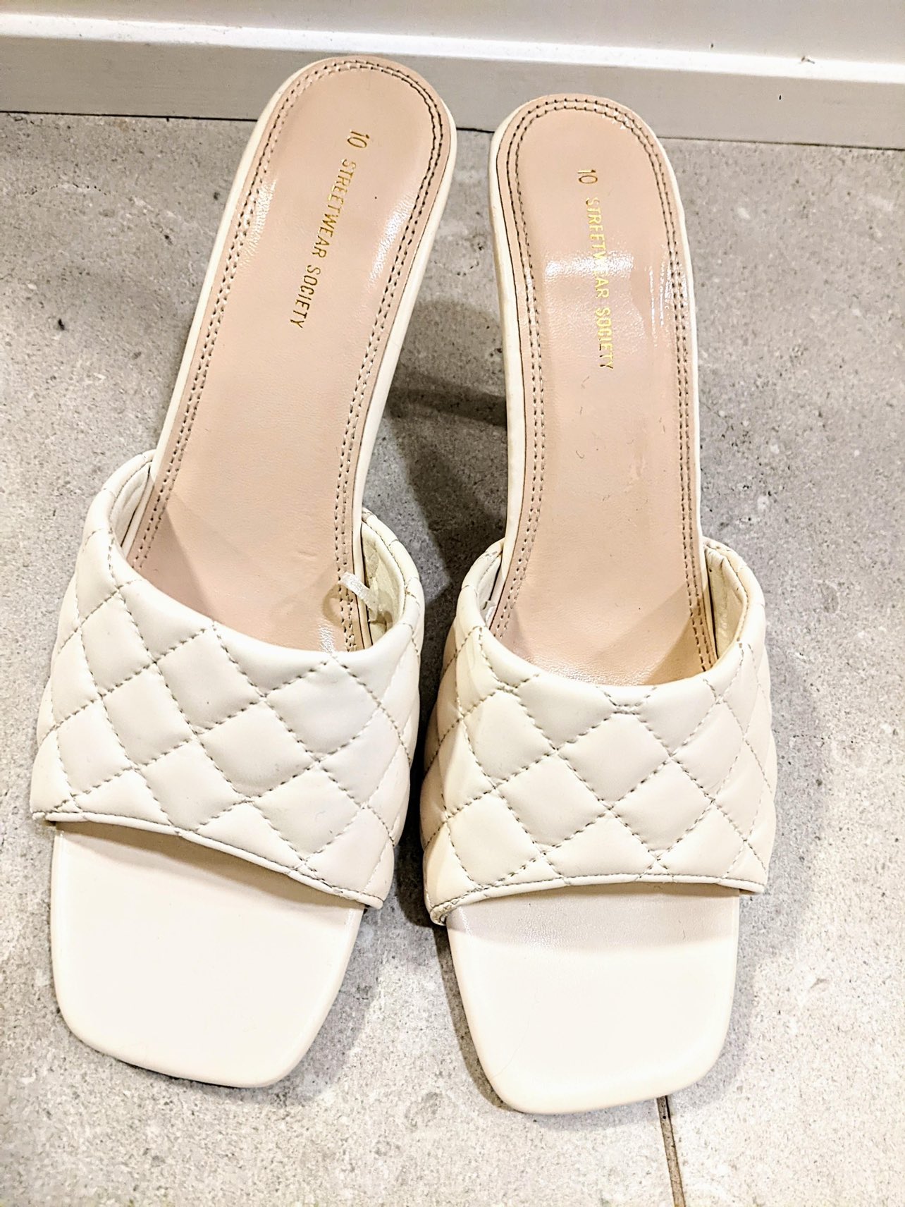 Beige slip on heels