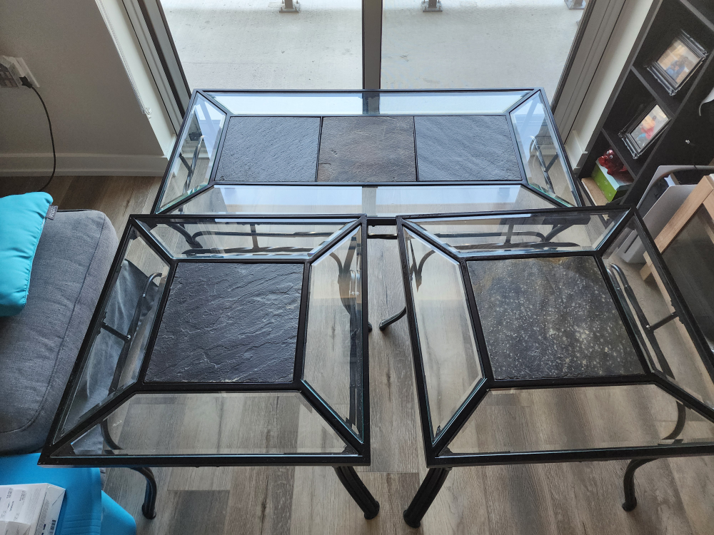 Glass and stone coffee table and 2 side table