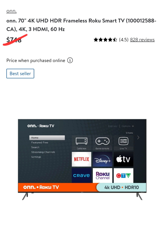 READ AD! ON SALE! 70" Onn 4K ROKU SMART LED TV $489.99 thumbnail