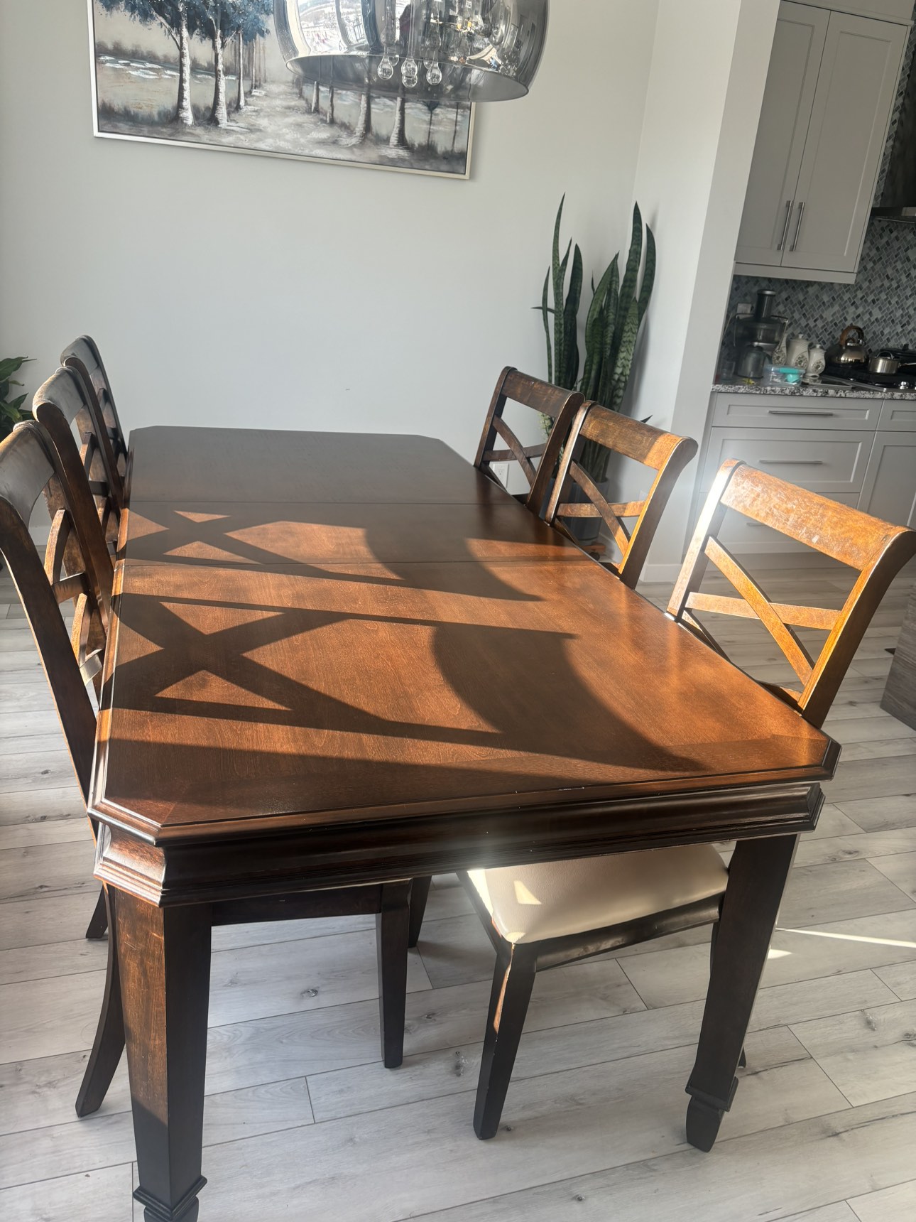 Dining table set with six chairs. (In high demand)
