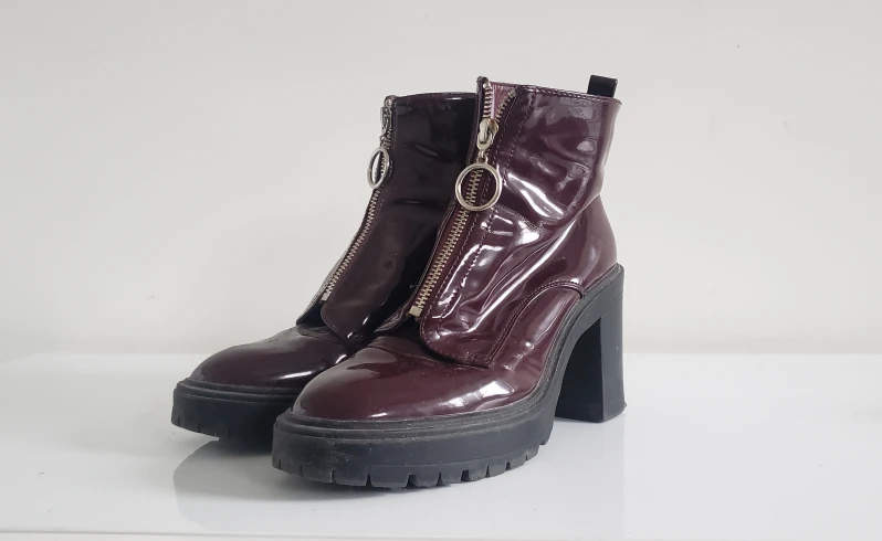 Burgundy Lug Sole Chunky Heel Boot - Size 7