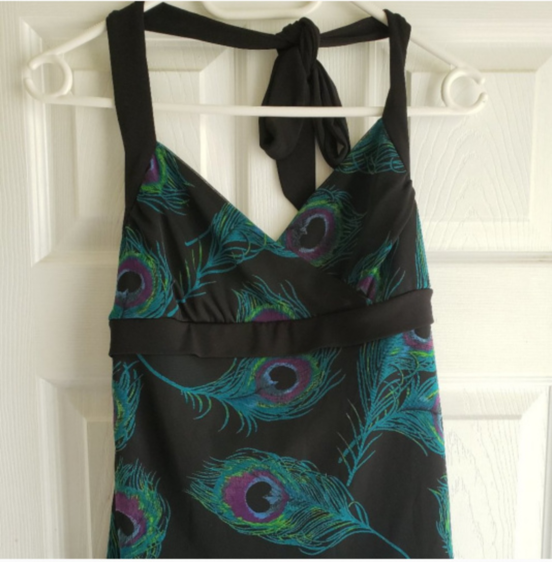 Peacock Feather Print Knotted Backless Halter Top thumbnail