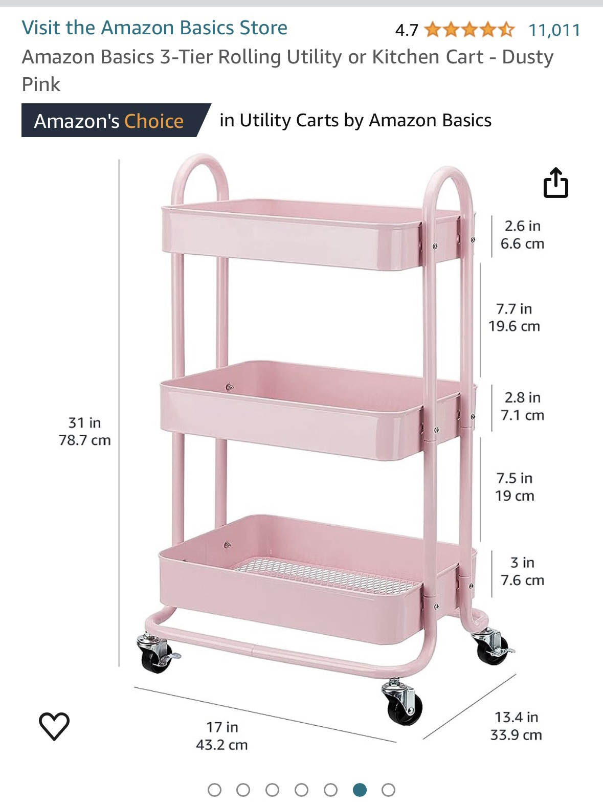 Amazon Basics 3-Tier Rolling Utility/Kitchen Cart - Dusty Pink