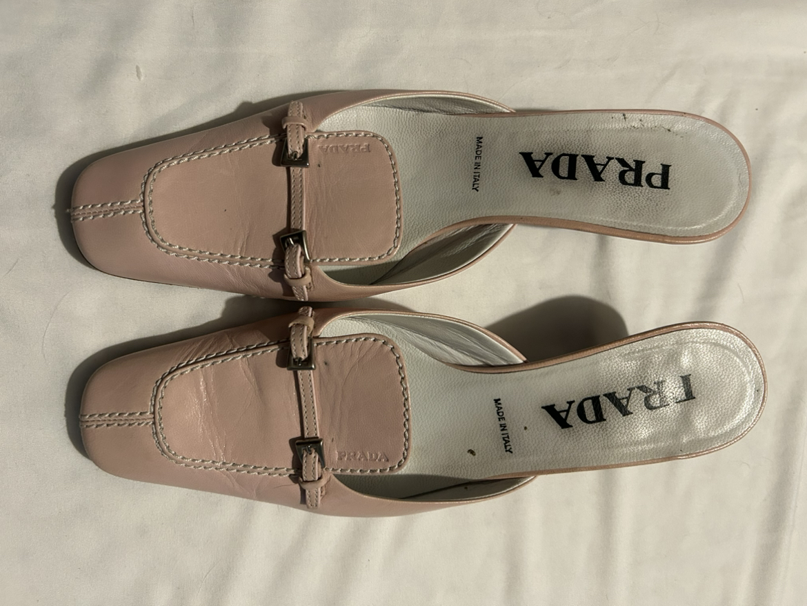 Prada Leather Slip-on Kitten Heels w/ Silver Buckle Detail