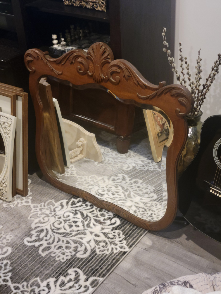Antique Solid Oak Beveled Glass Large Mirror