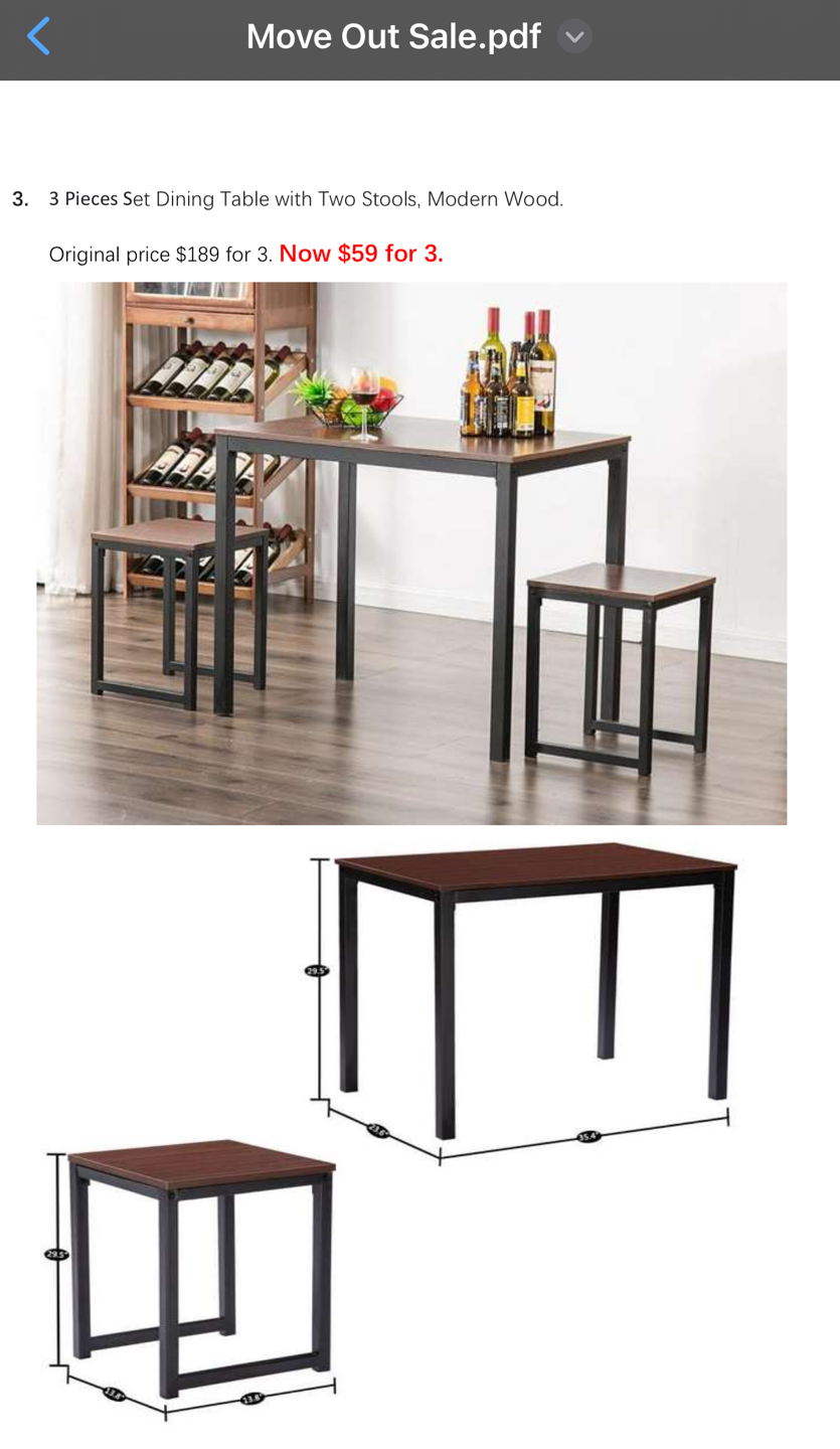 3 Pieces Set Dining Table with Two Stools, Modern Wood.