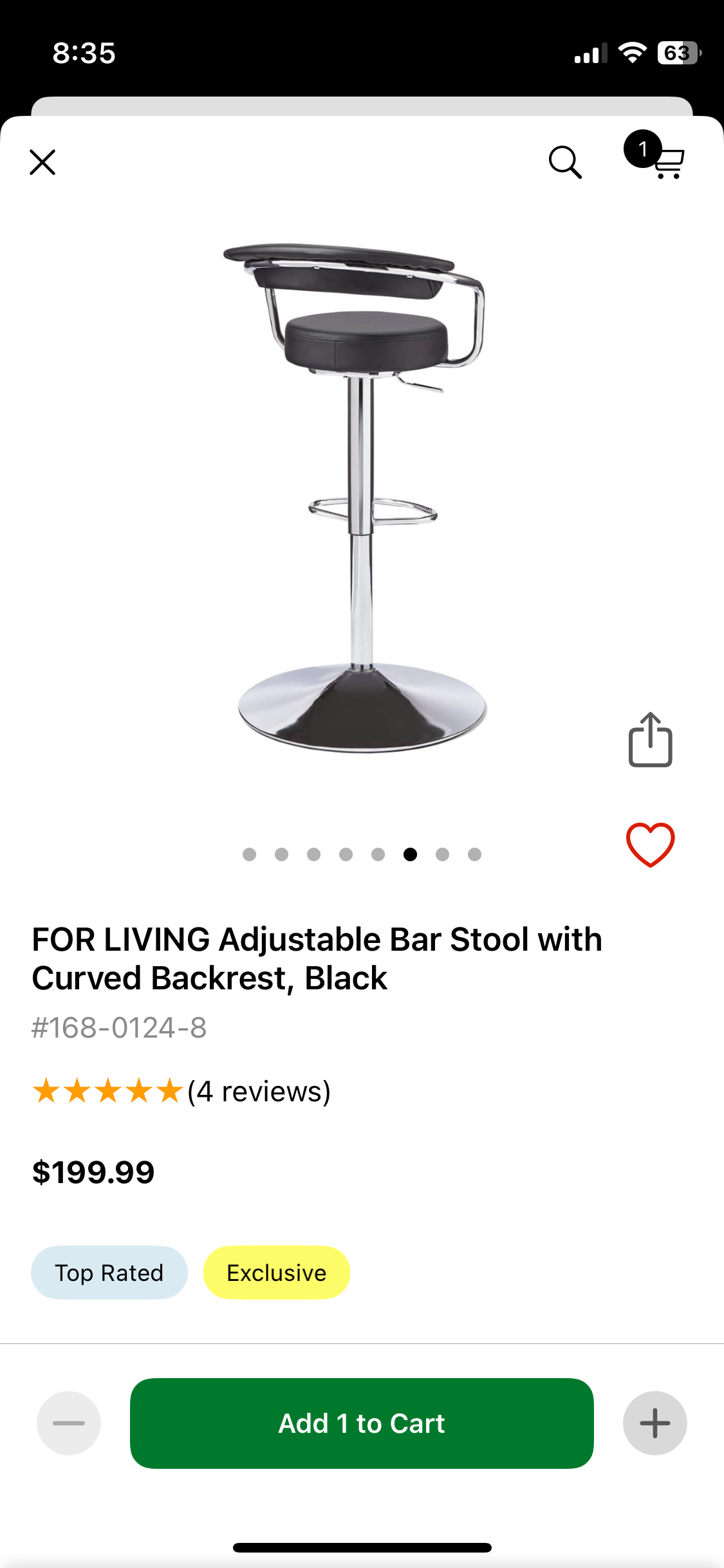 Adjustable Bar Stool with Curved Backrest, Black