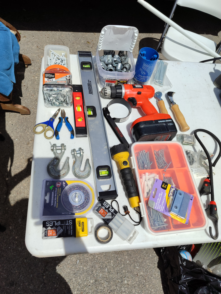 Lot tools, level, CORDLESS DRILL, screws, flashlight, hooks
