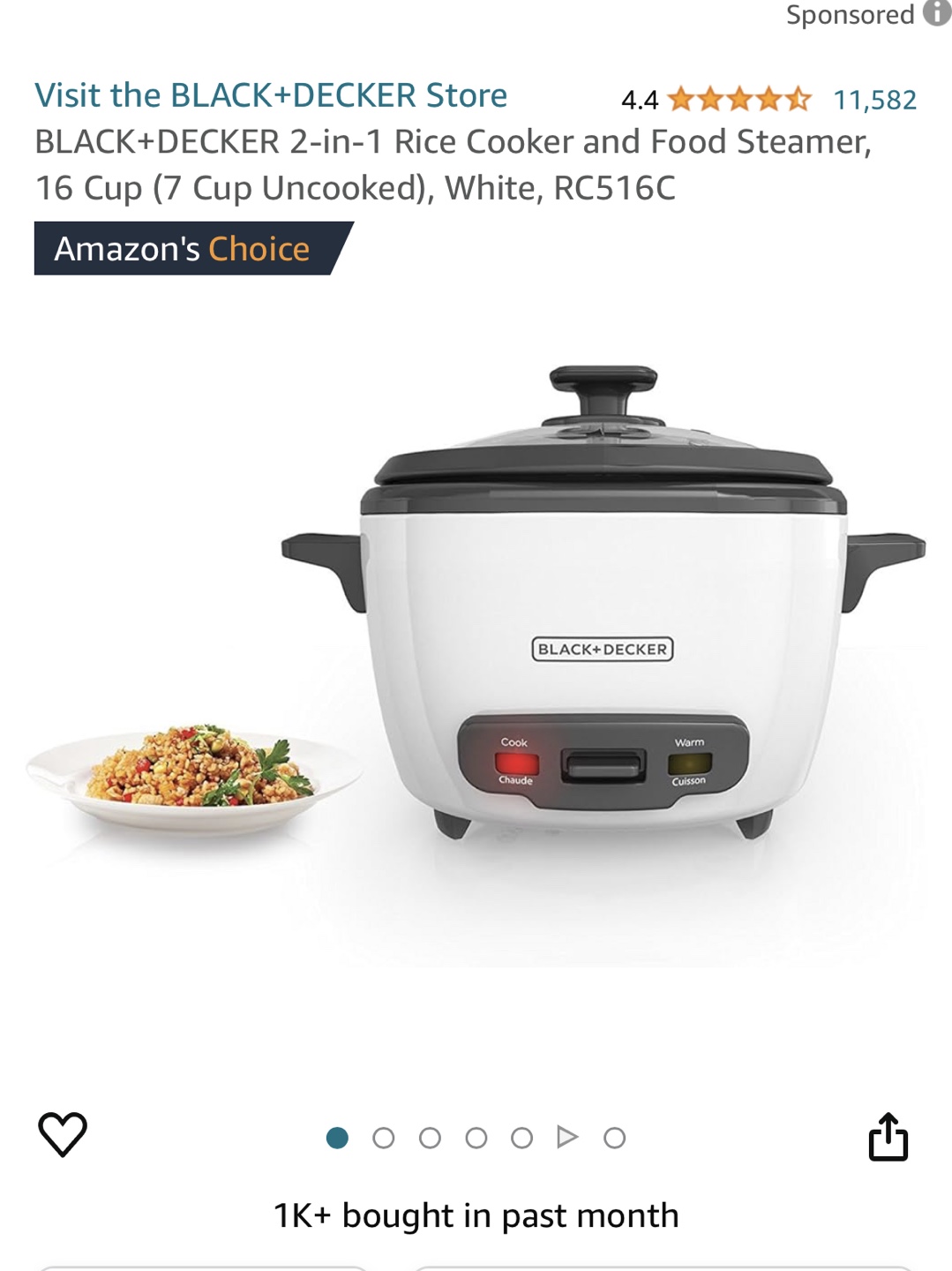 BLACK+DECKER 2-in-1 Rice Cooker and Food Steamer
