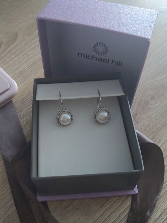 Michael Hill White Gold Pearl Dangle Earrings with diamonds thumbnail