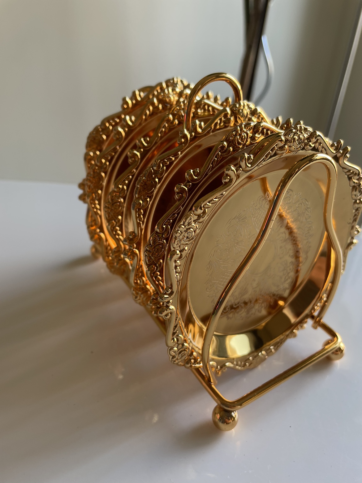 Gold plated metal coasters with holder - set of 6 (NEW) - photo 2