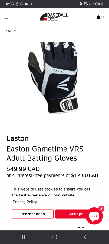 Easton Gametime Vrs Senior Baseball Batting Gloves
