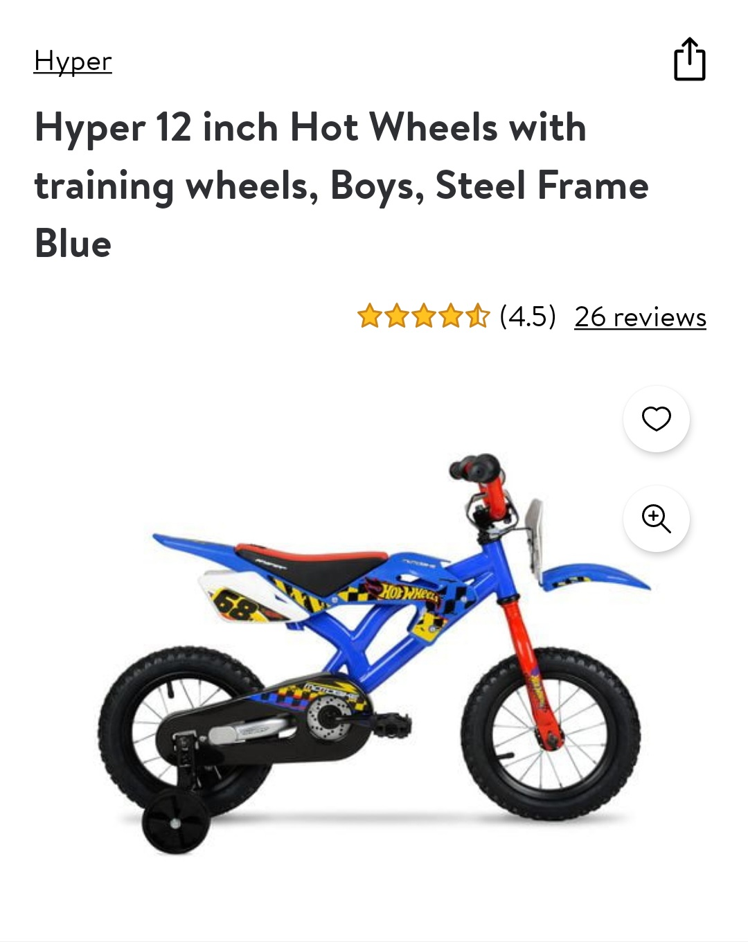 Hyper Hot Wheels Children's Bike 12 inch with training wheels
